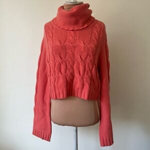 Autum Cashmere Wool Blend Pink Cropped Cable Knit Turtleneck Sweater Size M